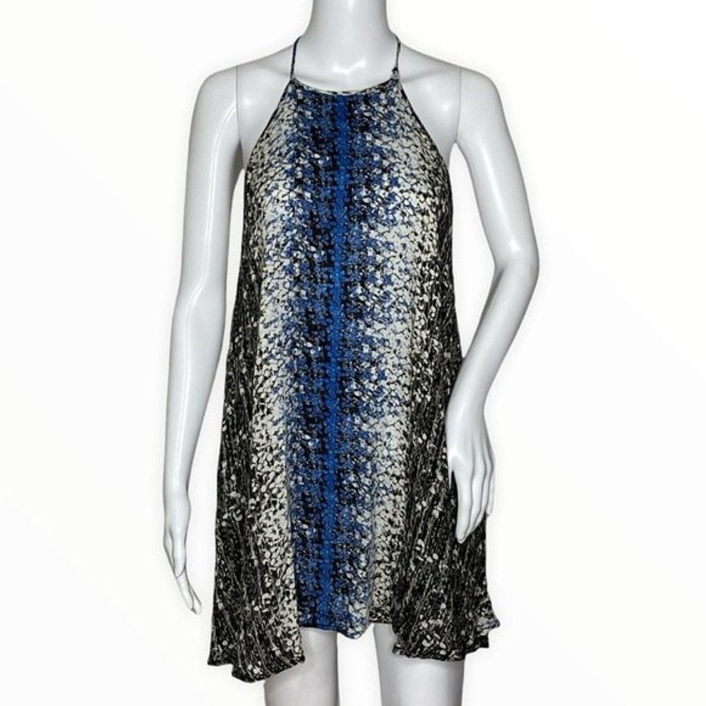 Free People Dress Womens Small Blue Black Onyx Printed Small Talk Mini Edgy Rock